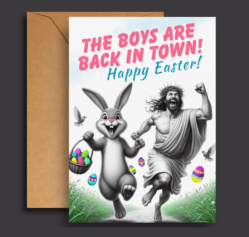 Easter Card/Funny Easter Card/Boys are Back in TownbBlank Inside/Happy Easter/Easter Bunny and Jesus Buddies/5x7 Linen/Easter Greeting Card image 1