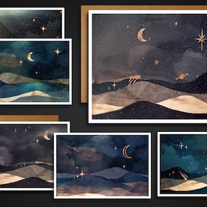 MOON and STARS NOTECARDS/Set of 25 Blank Cards with Envelopes/Thank You Cards/Blank Inside Cards/Moon Phases/Cosmos/Watercolor Printed Cards