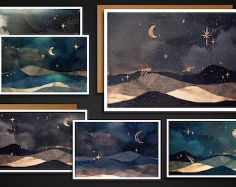 MOON and STARS NOTECARDS/Set of 25 Blank Cards with Envelopes/Thank You Cards/Blank Inside Cards/Moon Phases/Cosmos/Watercolor Printed Cards