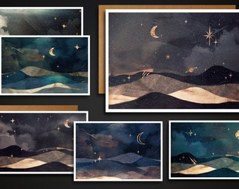 Moon & Stars Watercolor Notecards: Blank Cosmos Cards with Envelopes