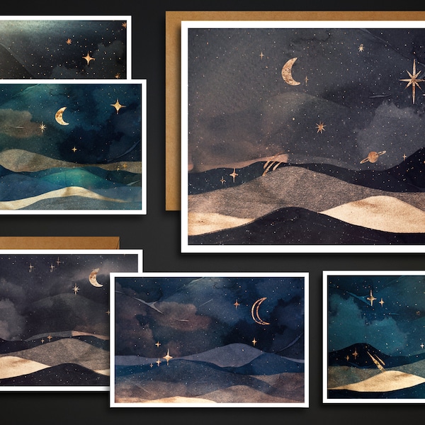 Moon & Stars Watercolor Notecards: Blank Cosmos Cards with Envelopes