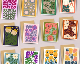 Set of 12 Floral Notecards: Mid Century Modern Blank Stationery Vintage Retro Cards