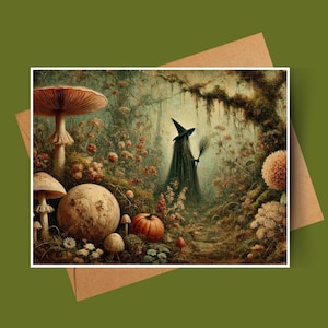 May include: A painting of a witch in a black pointed hat and robe standing in a forest with a broom in her hand. The forest is filled with mushrooms, pumpkins, and other foliage.