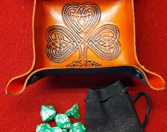 Leather dice tray with small dice bag and dice, handmade leather dice tray  C4-D235