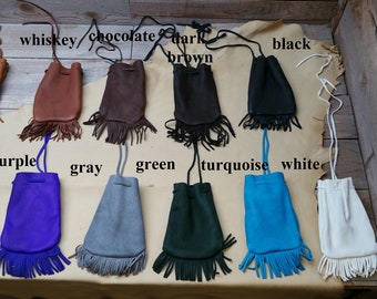 Deerskin leather medium medicne pouch with fringe / soft & supple / marble or dice bag C-9