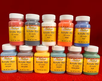 May include: Twelve small bottles of Fiebings Acrylic Dye for leather in various colors, including red, black, white, orange, blue, light blue, dark brown, yellow, turquoise, medium brown, and green. Each bottle is labeled with the color and contains 2 ounces (59 ml) of dye.
