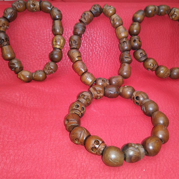 Tibetan Buddhist Jujube Wood Carved Skull Beads Wrist Mala Bracelet-S52