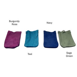 May include: Four drawstring pouches in different colors: burgundy rose, teal, navy, and sage green.