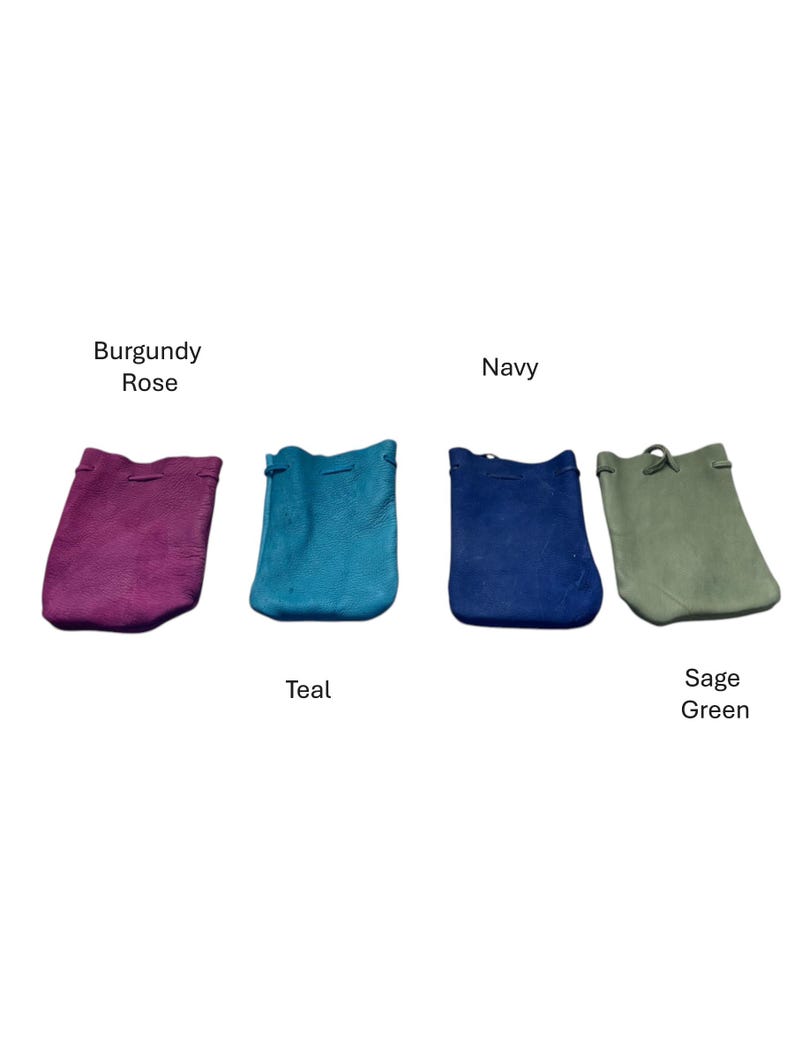 May include: Four drawstring pouches in different colors: burgundy rose, teal, navy, and sage green.