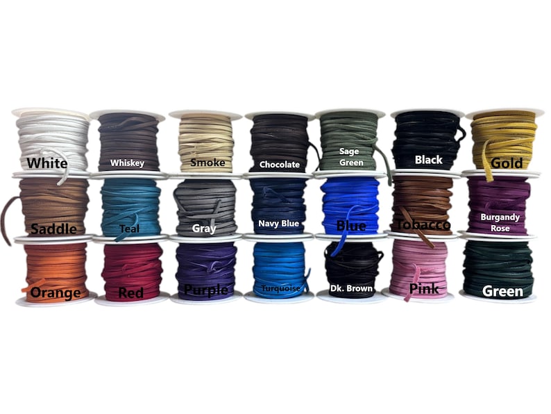 May include: A selection of 18 spools of leather cord in various colors, including white, black, brown, blue, green, red, orange, purple, pink, teal, gray, navy blue, turquoise, burgundy, gold, sage green, smoke, and whiskey.