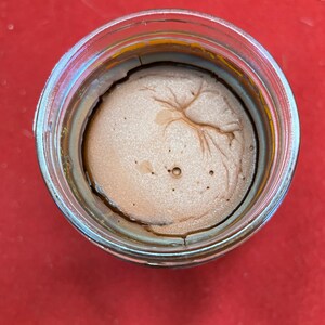May include: A glass jar with a brown, textured substance inside. The substance has a swirling pattern and a few small air bubbles.