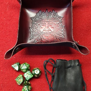 Leather dice tray with small dice bag and dice, handmade leather dice tray  Shelf 7-D225