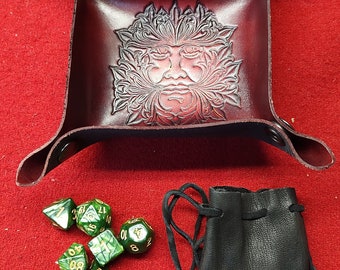 Leather dice tray with small dice bag and dice, handmade leather dice tray  C4-D225