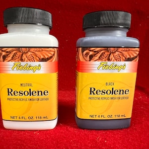 May include: Two bottles of Fiebing's Resolene leather finish, one in neutral and one in black. Each bottle contains 4 fluid ounces (118 ml).