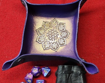 Leather dice tray with small dice bag and dice, handmade leather dice tray  C4-D245