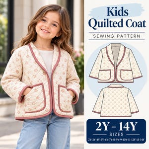 May include: A sewing pattern for a kids quilted coat featuring a cream-coloured fabric with a small pink floral print, a shawl collar, and two front pockets. The pattern includes text reading Kids Quilted Coat Sewing Pattern 2Y-14Y.