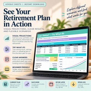 May include: A laptop screen displays a Google Sheets retirement planning template titled Can I Retire? - Try What-Ifs. The interface features a table comparing retirement scenarios, a custom input section, and a line graph showing total savings versus estimated need.