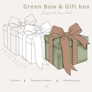 Op de afbeelding: Een digitale illustratie met drie geschenkdozen met strikken. Eén doos is groen met een rood-groene geruite strik, terwijl twee zwart-witte contouren zijn. De tekst luidt: Green Bow & Gift box Clipart bundel, Coloured, Transparent outline, Colouring pages.