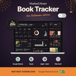 May include: A digital book tracker dashboard displayed on a laptop screen, titled Marked Hours Book Tracker the Halloween edition. The interface features dark mode charts, reading statistics, book covers, and a Book Reader of the Year badge.