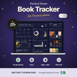 May include: A digital book tracker dashboard titled Marked Hours Book Tracker the Fantasy edition displayed on a laptop screen. The interface features charts, reading statistics, book covers, and a toggle for light and dark modes.