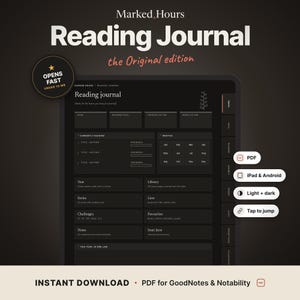 May include: A digital reading journal titled Marked Hours, featuring a dark interface with sections for reading goals, monthly trackers, and book lists. Includes icons for PDF, iPad and Android compatibility, light and dark modes, and tap to jump navigation.