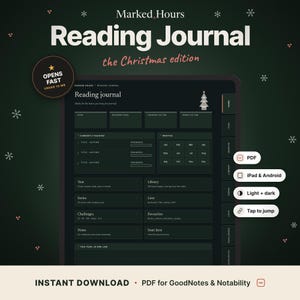 May include: A digital reading journal titled Marked Hours: the Christmas edition, featuring a dark green interface with sections for reading goals, monthly trackers, and book lists. Includes navigation tabs, PDF compatibility, and interactive links.