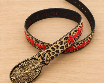 Red Cross Leather Belt, Gold Ornate Buckle, Gothic Punk Rock Streetwear, Designer Style Gift for Men