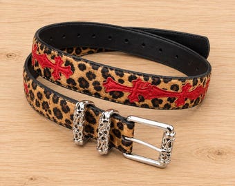 Red Gothic Cross Leather Belt, Punk Rock Biker Fashion, Silver Buckle Statement Belt