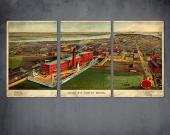 Vintage Map of Boston METAL Triptych 48x24" FREE SHIPPING