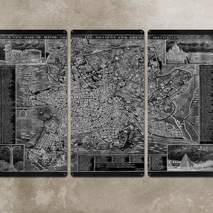 Vintage Map of Rome METAL triptych 36x24 FREE SHIPPING image 1