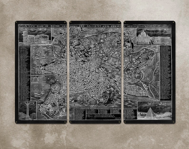 Vintage Map of Rome METAL triptych 36x24 FREE SHIPPING image 1
