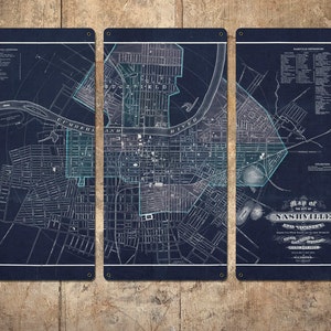 Vintage Map of Nashville METAL Triptych 36x24" FREE SHIPPING