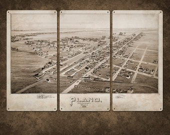 Vintage Map of Plano Texas METAL triptych 36x24" FREE SHIPPING