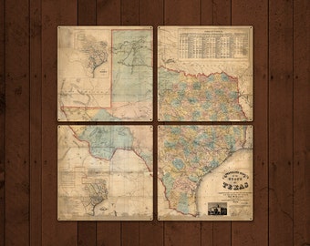Vintage Texas METAL Map Quadriptych 36"x36" FREE SHIPPING