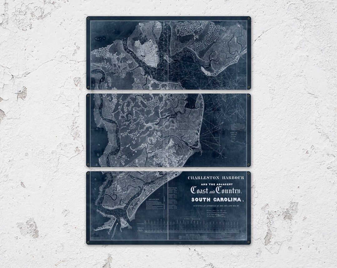 Vintage Charleston Harbor METAL Map Triptych 48x36 FREE - Etsy