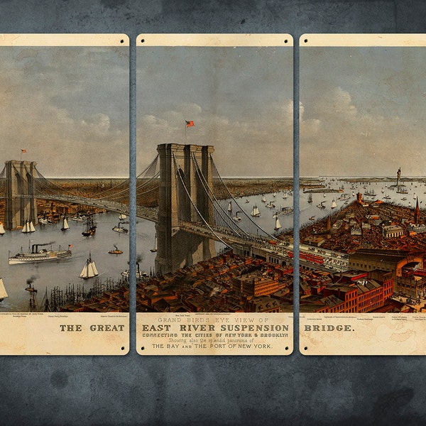 Vintage Brooklyn Bridge NYC Metal Triptych 36x24" FREE SHIPPING