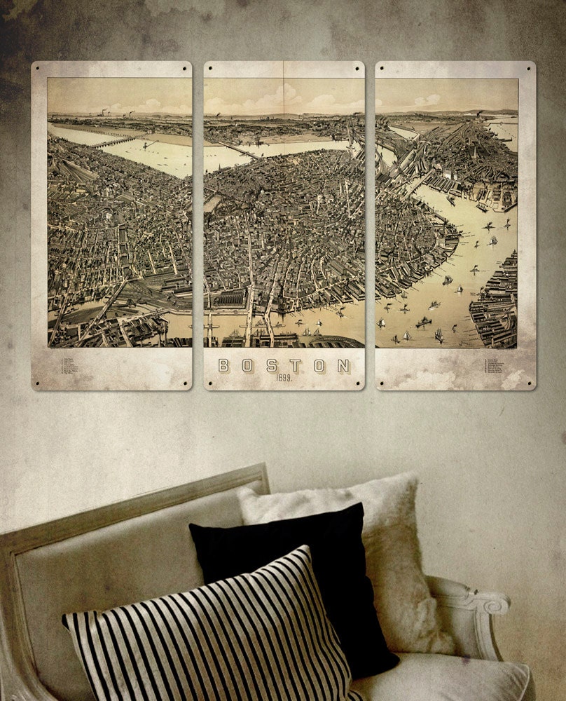 Vintage Map of Boston METAL Triptych 36x24 FREE SHIPPING Etsy