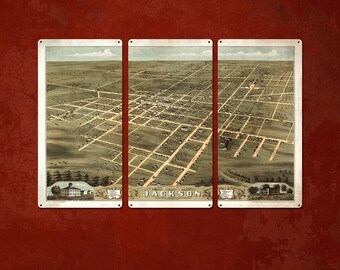 Vintage Jackson Tennesse METAL map Triptych 36x24" FREE SHIPPING