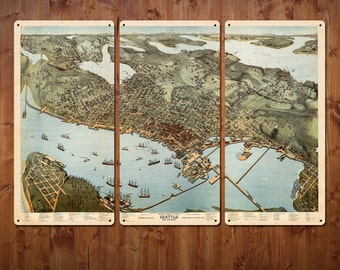 Vintage Seattle METAL Map Triptych 36x24" FREE SHIPPING