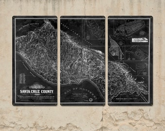 Vintage Map of Santa Cruz County METAL Triptych 36x24" FREE SHIPPING