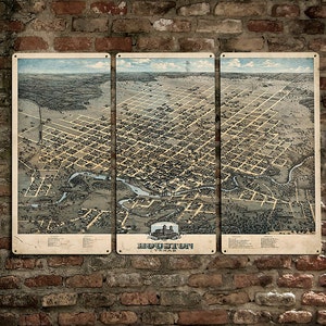 Vintage Houston METAL Map Triptych 36x24" FREE SHIPPING