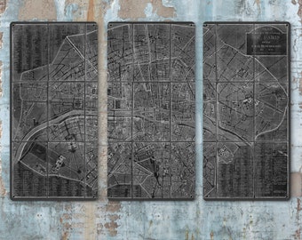 Vintage Map of Paris Metal Triptych 36x24" FREE SHIPPING