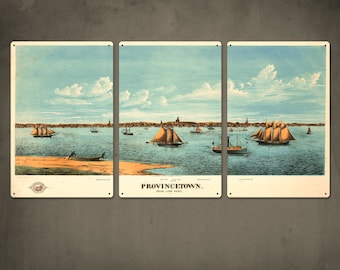 Vintage Provincetown Sailboats Triptych on METAL 48x24 FREE SHIPPING