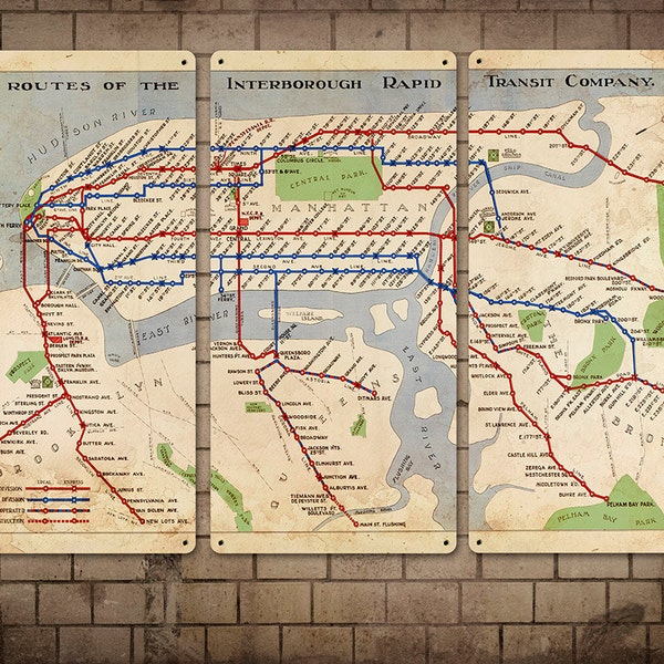 Vintage Map of New York Subway Metal Triptych 36x24" FREE SHIPPING