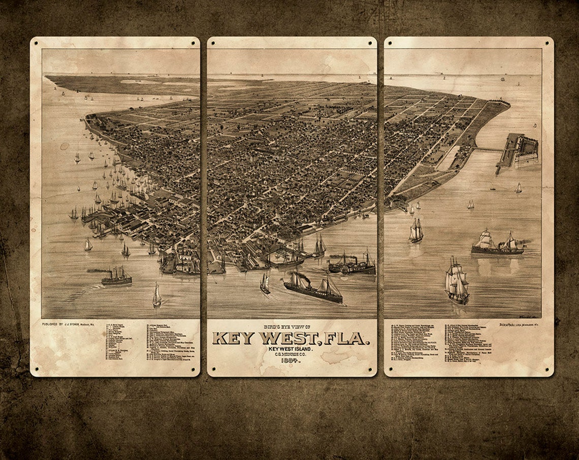 Vintage Map of Key West Florida METAL Triptych 36x24 Etsy