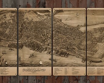 Vintage map of Portland Maine METAL Quadriptych 48x24" FREE SHIPPING