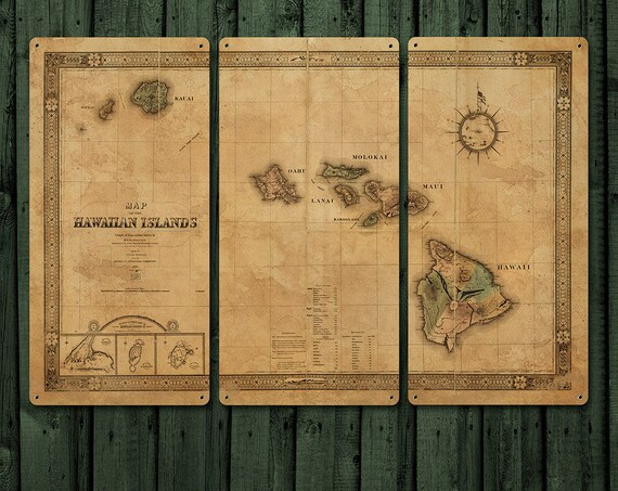 Vintage Map of Hawaii Islands on METAL 54x36 FREE
