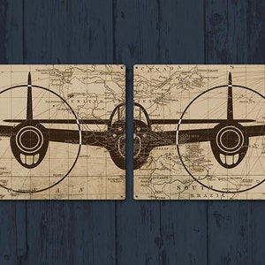 May include: A vintage-style illustration of a brown airplane on a beige background with a map-like pattern. The airplane is centered and has propellers on each side. The image is divided into four panels.