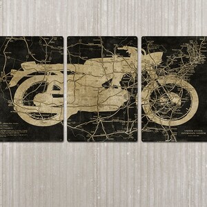 Classic Motorcycle METAL Highway Map Triptych 48x24 FREE SHIPPING image 1