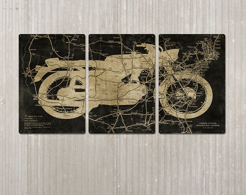 Classic Motorcycle METAL Highway Map Triptych 48x24 FREE SHIPPING image 1